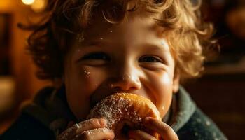 een schattig jongen lachend, genieten van zoet voedsel en toegeeflijkheid gegenereerd door ai foto