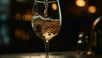 luxe wijn fles gieten in elegant wijnglas, reflecterend viering gegenereerd door ai foto