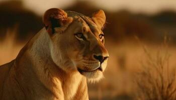 majestueus leeuwin in de savanne, een portret van natuurlijk schoonheid gegenereerd door ai foto
