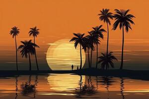 de avond Aan de strand zomer oranje lucht en kokosnoot boom schaduw. vector.ai generatief foto
