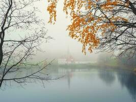 mistig herfst mistig landschap met bladerloos bomen en oud paleis. gatchina. Rusland. foto