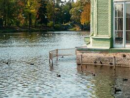 herfst overstroming, de fundament van de huis is overstroomd met water foto