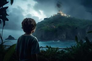 een jongen in mystiek eiland brandend huis. berg en rivier- in achtergrond. highlights de humeurig atmosfeer. generatief ai foto