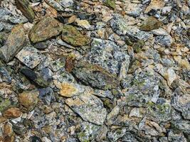 veelkleurig gedetailleerd structuur van een rotsachtig berg helling. geologisch verstrooiing van stenen in detailopname. natuur achtergrond van chaotisch stapel van stenen. minimalistische structuur van steenachtig hoop foto