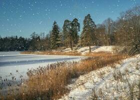 sfeervol winter landschap. helder winter zonnig landschap. ijzig dag Aan de meer foto