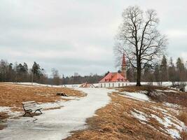 vroeg voorjaar in de stad park, de stoffelijk overschot van sneeuw Aan de steeg naar de kasteel. voorjaar visie van de oude Maltees paleis in gatchina park, Rusland. foto