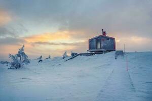 cabine in winter ochtendgloren. met sneeuw bedekt trappenhuis leidend door sneeuwbanken naar een eenzaam huis Aan een heuveltop in de koel avond. foto