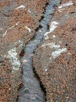 erosie van overstroming wateren. voorjaar stroom. grond gewassen weg door een stroom. foto