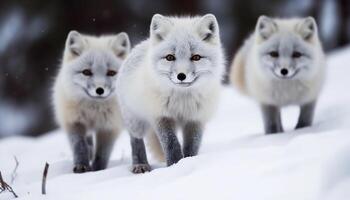 rood vos en vrienden staan in sneeuw gegenereerd door ai foto