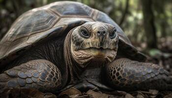 langzaam kruipen schildpad schelp, dichtbij omhoog, gerimpeld gegenereerd door ai foto