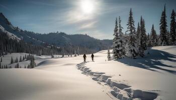 mannen en Dames skiën Aan berg helling gegenereerd door ai foto