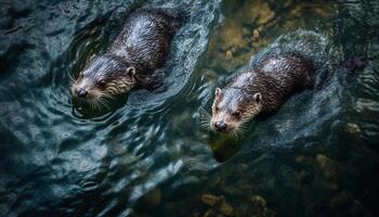 schattig bever aan het eten vis in rustig vijver gegenereerd door ai foto