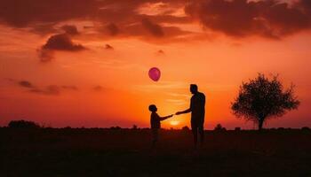 een familie liefde en vreugde gevangen genomen in een zonsondergang silhouet gegenereerd door ai foto