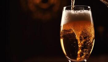 een schuimig bier glas giet vloeistof goud in viering gegenereerd door ai foto