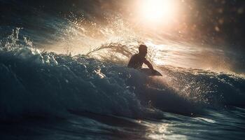 een persoon surfing in Maui Bij zonsondergang gegenereerd door ai foto