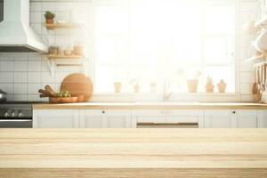 leeg hout tafel top Aan wazig keuken achtergrond. foto