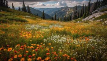 levendig wilde bloemen sieren rustig weide Bij zonsondergang gegenereerd door ai foto