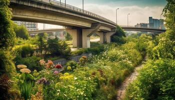 modern wolkenkrabbers lijn de stad viaduct gegenereerd door ai foto