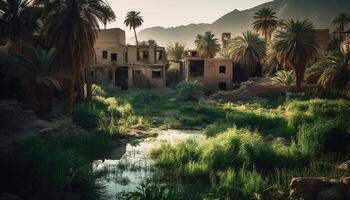 tropisch palm bomen zwaaien in de zonsondergang generatief ai foto