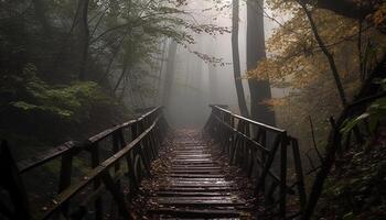 wandelen Aan mistig voetpad door herfst Woud gegenereerd door ai foto