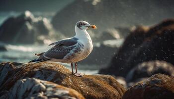 zeemeeuw staand Aan steen, op zoek Bij zee gegenereerd door ai foto