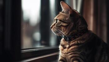 pluizig katje staren uit venster, nieuwsgierig en schattig generatief ai foto