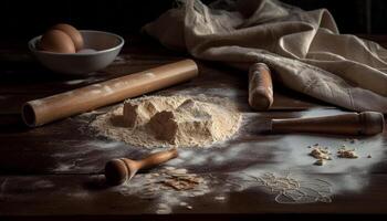 eigengemaakt deeg Aan rustiek hout tafel gegenereerd door ai foto