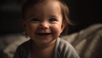 glimlachen baby jongen, vreugde en onschuld gevangen genomen gegenereerd door ai foto