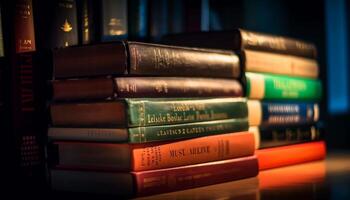 stack van oud leerboeken Aan bibliotheek plank gegenereerd door ai foto