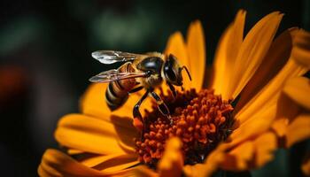 een bezig honing bij plukken omhoog stuifmeel gegenereerd door ai foto