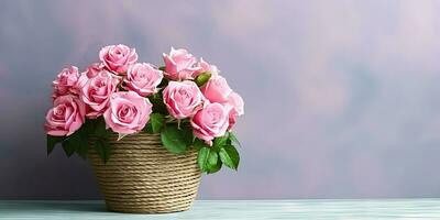 delicaat roze rozen in een rieten mand - generatief ai foto