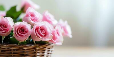 roze roos boeket in een rustiek rieten mand - generatief ai foto