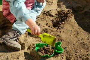 een kind beeldhouwt dieren uit van zand, zand mallen, zandbak spellen, strand vakantie, vermaak voor kinderen, kinderen speelgoed foto