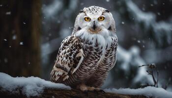 besneeuwd uil neerstrijken Aan boom Afdeling staren majestueus gegenereerd door ai foto