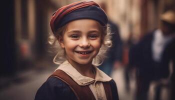 schattig kind met toothy glimlach, buitenshuis in winter gegenereerd door ai foto
