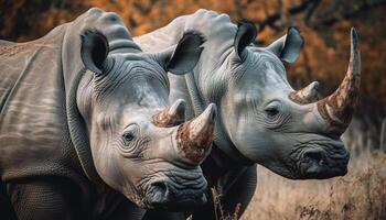 slagtand neushoorn begrazing kudde van olifant dichtbij gegenereerd door ai foto