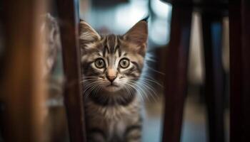 schattig katje zittend binnenshuis, staren Bij camera generatief ai foto