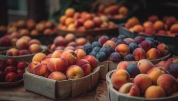 overvloedig oogst van sappig, rijp fruit mand gegenereerd door ai foto