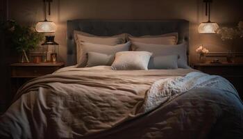knus modern slaapkamer met comfortabel luxe beddengoed gegenereerd door ai foto