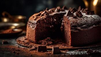 donker chocola brownie plak met chocola suikerglazuur gegenereerd door ai foto