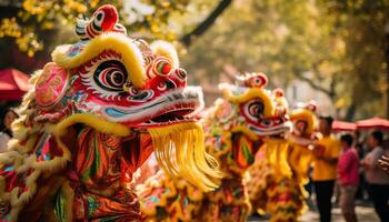 multi gekleurde draak dansen in traditioneel Chinese viering gegenereerd door ai foto
