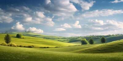 ai gegenereerd. ai generatief. foto realistisch illustratie van groen veld- gras heuvels landschap. grafisch kunst