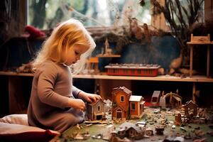 ai gegenereerd schattig weinig kind spelen in montessori kinderen ontwikkeling centrum foto