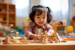 ai gegenereerd schattig weinig kind spelen in montessori kinderen ontwikkeling centrum foto