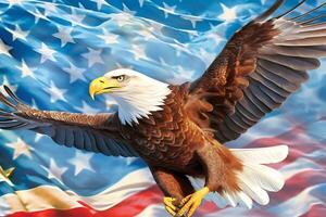 ai gegenereerd Verenigde Staten van Amerika 4e juli onafhankelijkheid dag viering met vlag adelaar, mensen en mooi meisje foto