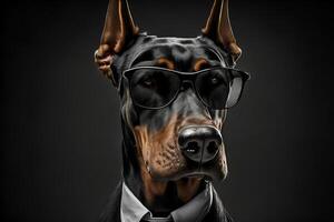 ai gegenereerd studio portret van stoutmoedig boos doberman hond in pak overhemd en stropdas vervelend zonnebril foto