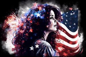 ai gegenereerd Verenigde Staten van Amerika 4e juli onafhankelijkheid dag viering met vlag adelaar, mensen en mooi meisje foto