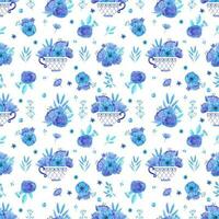 hand- getrokken waterverf blauw bloemen en bladeren boeket in een kop naadloos patroon. geïsoleerd Aan wit. kan worden gebruikt voor textiel, patronen, kleding stof, geschenkverpakking. foto