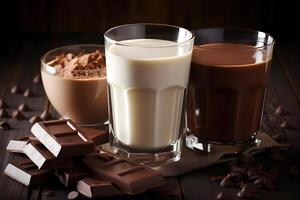 cacao en melk versierd met chocola bars. generatief ai. foto