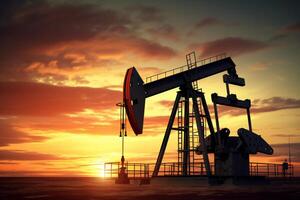 olie pomp olie tuigage energie industrieel machine voor petroleum in zonsondergang achtergrond, generatief ai foto